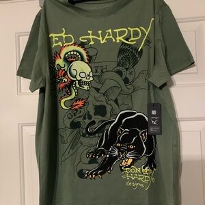 Ed Hardy Olive T-Shirt with Bold Graphic (Size Large